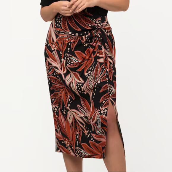 Ulla Popken NWT Orange & Black Animal Leaf Tropical Print Gathered Midi Skirt - Picture 1 of 12